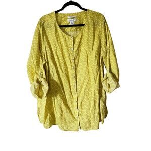 Rachel Zoe 100% Linen Chartreuse Polka Dot Shell Button Up Roll Tab Shirt 2X